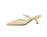 BIGTREE Crystal Mesh Fabric Pointed Toe Slippers Women Sexy Elegant Buckle Strap Party Prom Thin Low Heels Mule Shoes