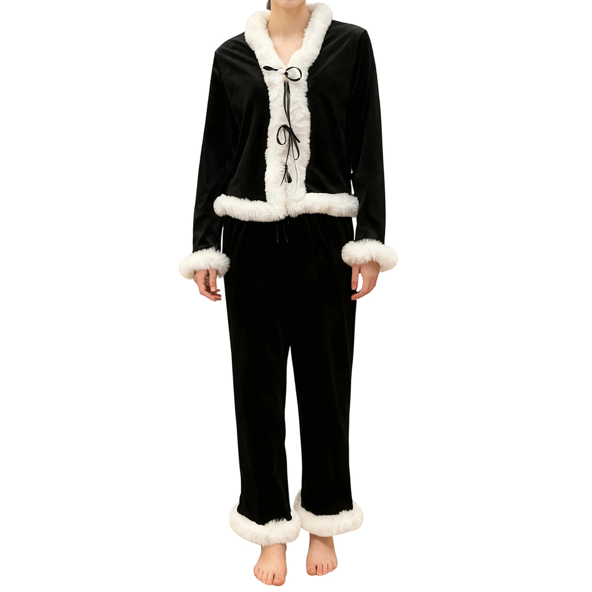 Womens Fall Winter2 Pieces Pajamas Set Bow Tie Front Furry Trim V Neck Long Sleeve Tops and Pants Christmas Lounge Wear