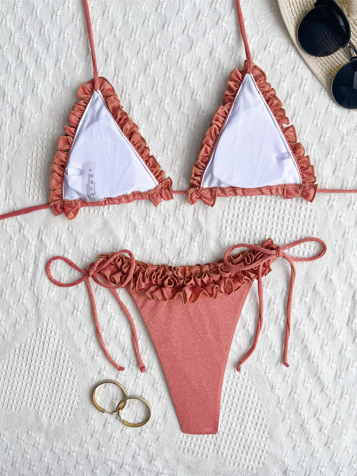 sexy rose red ruffles glitter halter tie bikinis sets two pieces women micro thong swimsuit female bathing suit swimwear biquini