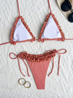 sexy rose red ruffles glitter halter tie bikinis sets two pieces women micro thong swimsuit female bathing suit swimwear biquini