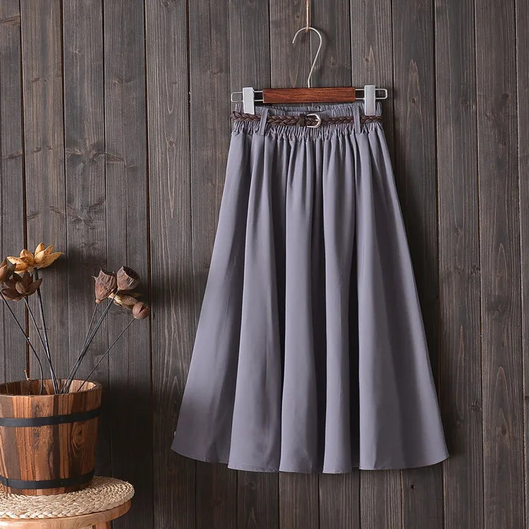 Midi Knee Length Summer Skirt Women With BeltFashion Korean Ladies High Waist Pleated A-line School Skirt Female