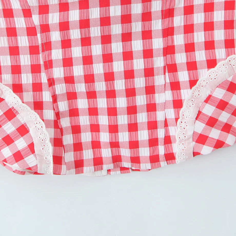 Early Spring New French Style Sexy Sweet Lace Patchwork Slim Fit Halter Neck Tie Plaid Strap For Woman Cute Pure Desire DW8V