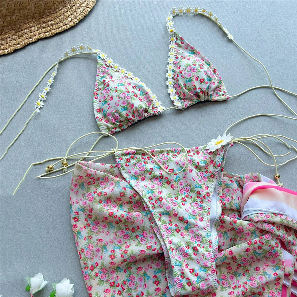 Beige Floral Print Micro Thong Bikinis Sets 3 Pieces Cover Ups Sexy Swimsuit String Halter Triangle Swimwear Holiday Biquinis