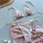 Beige Floral Print Micro Thong Bikinis Sets 3 Pieces Cover Ups Sexy Swimsuit String Halter Triangle Swimwear Holiday Biquinis