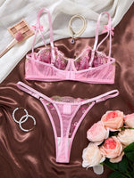 Sweet Girl Style Pink Sexy Butterfly Embroidery Underwear Set - French Romantic Intimate Women's Underwear ZA825296
