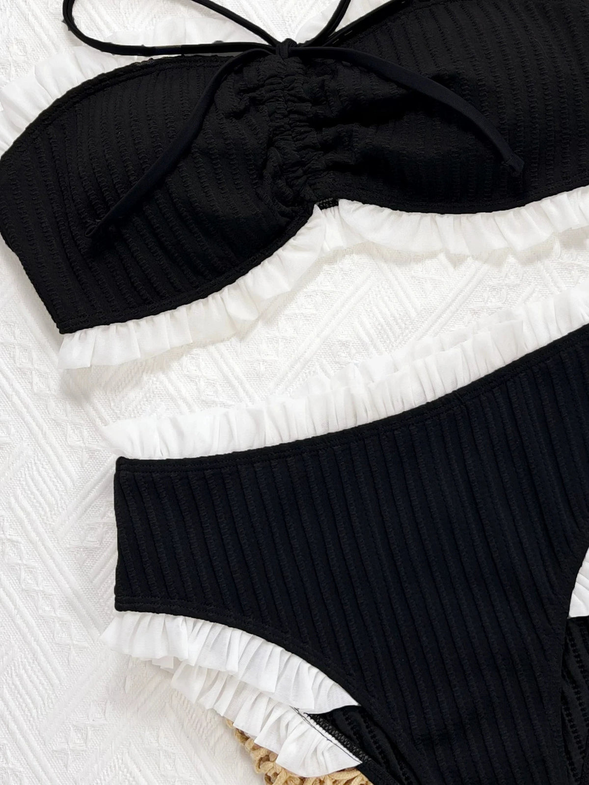 DEKA Black Ruffles Bikini Set Strapless Bandeau Pleated Ruched High Leg Cut Women Swimwear Female Swimsuit Bather Bathing Suit