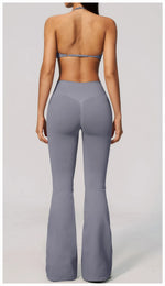 Summer Fitness Suit Women Seamless Hanging Neck Pleate Sports Bra Yoga Sets High Waist Wide Leg Leggings Running Athletic Wear