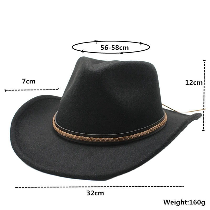 Women Men Retro Felt Jazz Hats Classic Cowboy Hats Wide Brim Cowgirl Sun Hats with Decorative Band