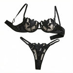 Black Lily Embroidered Bra Set - Satin Edged Transparent Mesh Adjustable Shoulder Strap Sexy Thong Set ZA824031