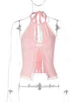 FDYOUO Sexy Halter Lace Patchwork Camisoles Women Fashion Backless Hollow Out Corset Pink White Bandage Tanks Top Y2K Streetwear