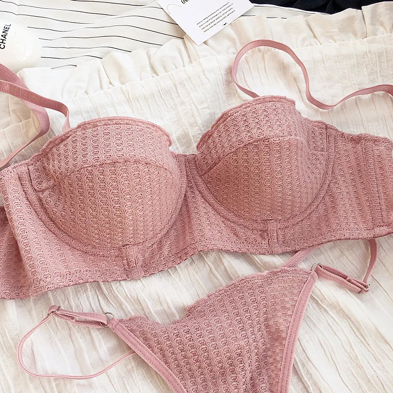New 6 Color Women Cotton Underwear French Sexy 1/2 Cup Push Up Bra Set Fashion Fluorescent Summer Lace Bra and Thongs Lingerie