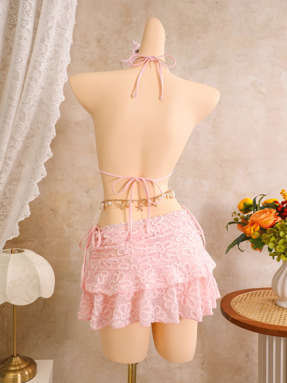 Vintage White Floral Embroidery Bikini Set 2026 Women 3D Flower Push Up Bra Pleate Skirt 3 Piece Swimsuit Bathing Suit Swimwear