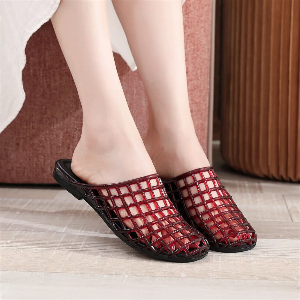 EUR Size Transparent PVC Jelly Slide Mules Women Hollow Breathable Cutout Closed Toe Slip On Flat Sandals Indoor Outdoor Slipper