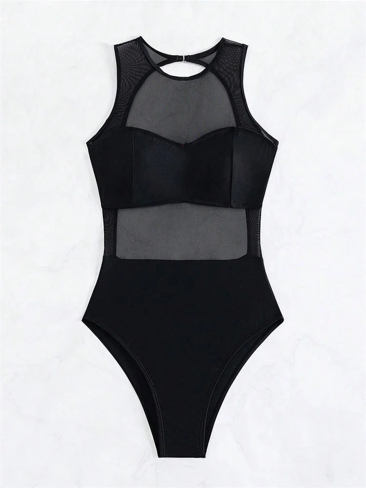 Sexy See Through One Piece Swimsuit 2025 Women Solid Black Mesh Transparent Hollow Out Backless Bathing Suit Swimwear Beachwear