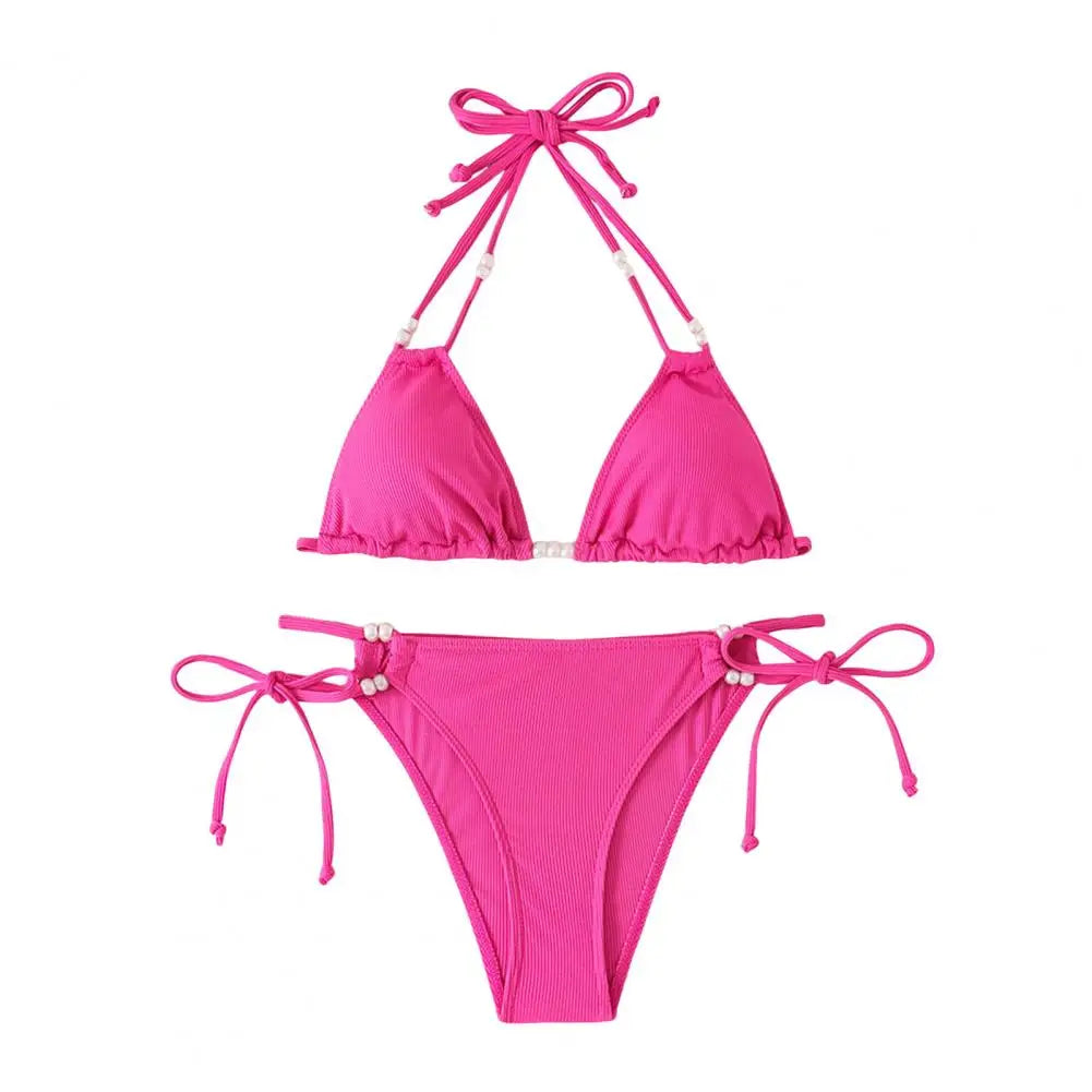 2Pcs/Set Women Bikini Set Adjustable Side Straps Halter Bra Low-rise Swimming Briefs Set Ladies Pure Imitation Pearls Swimwear