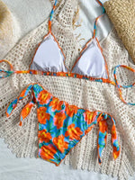 Women Cute Bikini Set 2025 New Summer Orange Floral Print Halter Ruffles Push Up Tie Side Thong Swimsuit Bathing Suit