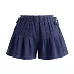 Womens Loose Fit Denim Shorts Drawstring Elastic Mid Rise Pleated Wide Leg Short Pants Casual Stylish Summer Skorts