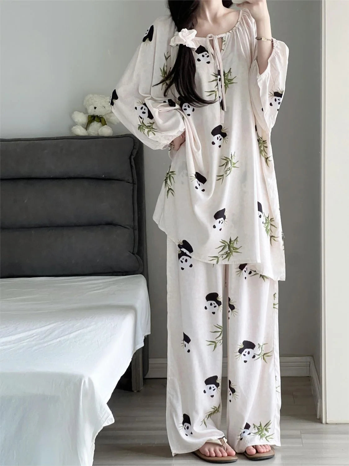 Popular Pajama Women's Cartoon Panda Leopard Print Imitation Cotton Spring and Autumn Style New Plus Size Home Suit Set