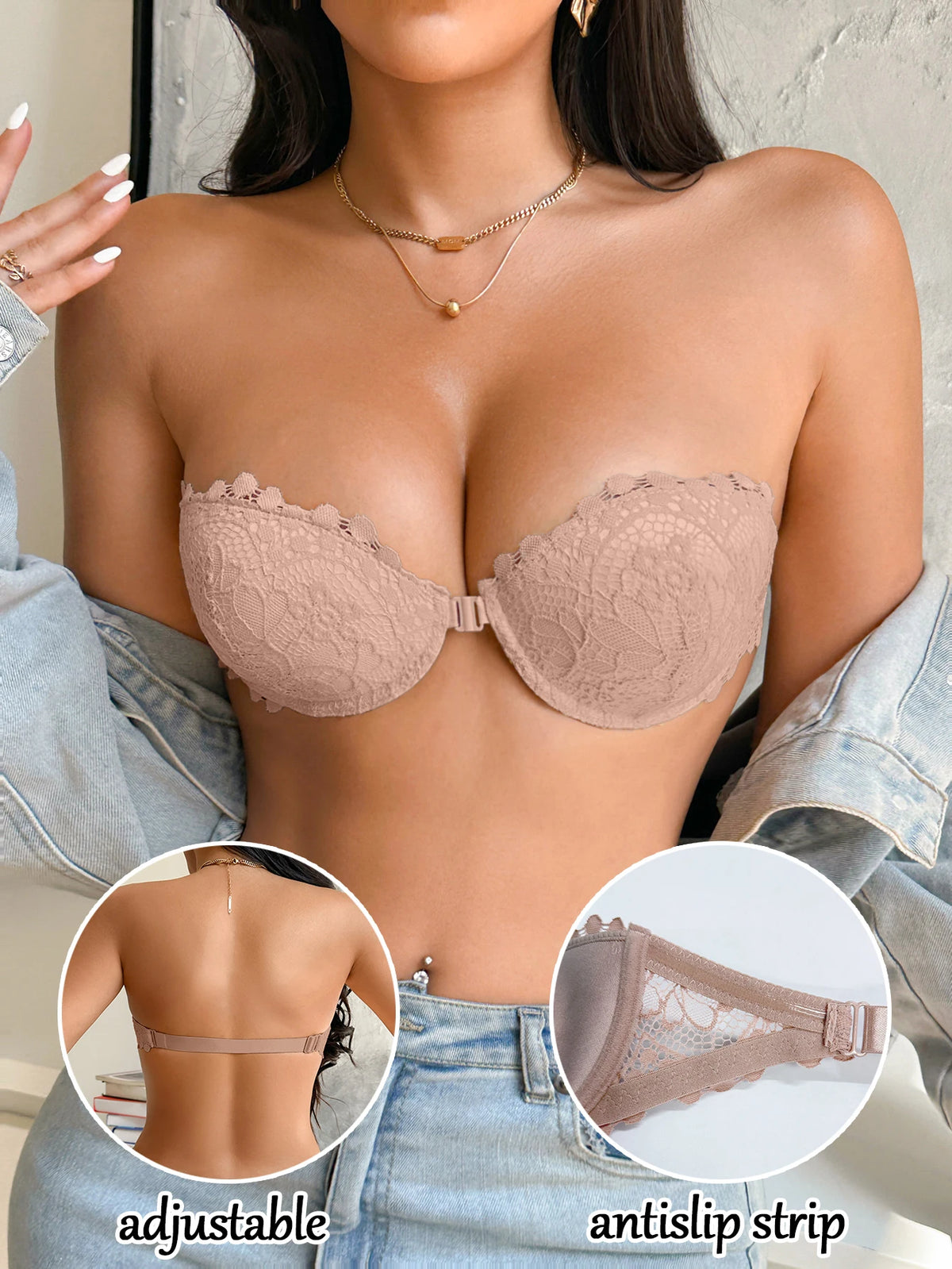 Half Cup Lace Women Strapless Bra Stylish Push Up Underwire Bra Comfortable Front Closure Daily Women's Underwear