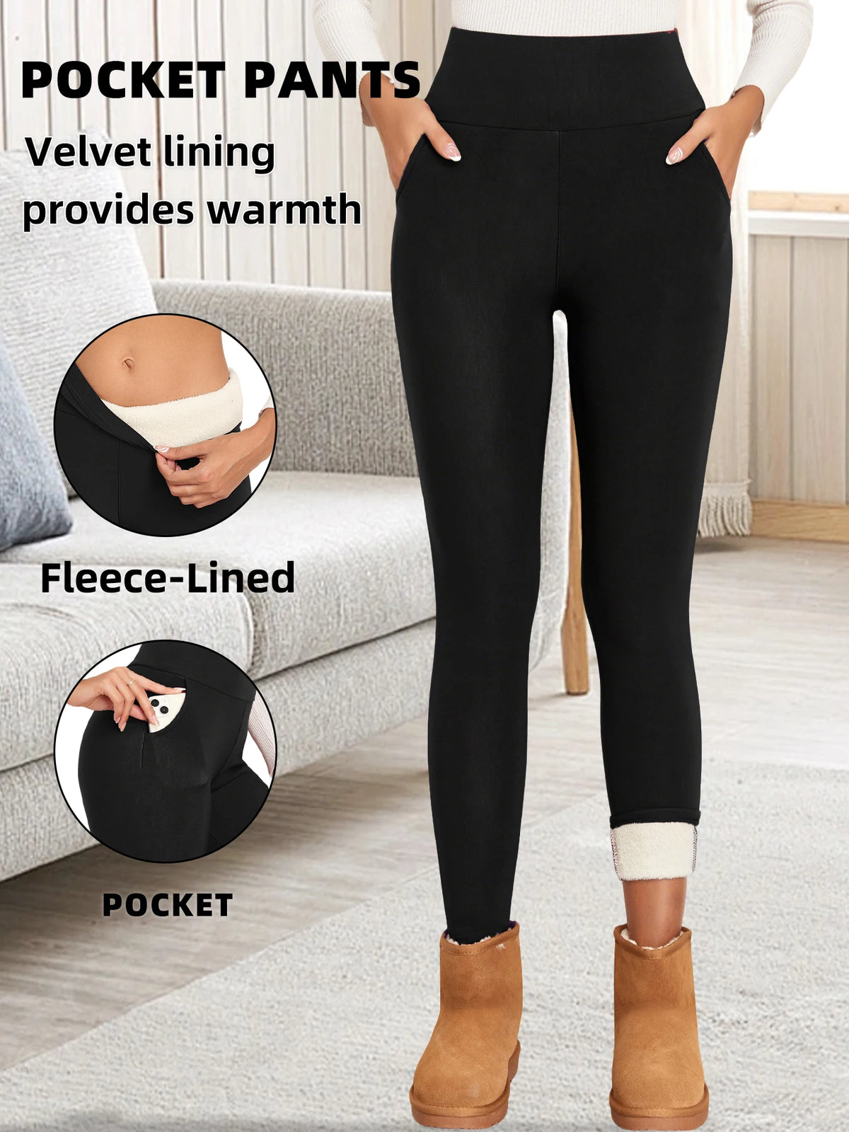 Autumn Winter Warm Fleece Pockets Women Leggings Velvet Thicken High Waist Tights Elastic Slim Solid Color Legging Warm Tights