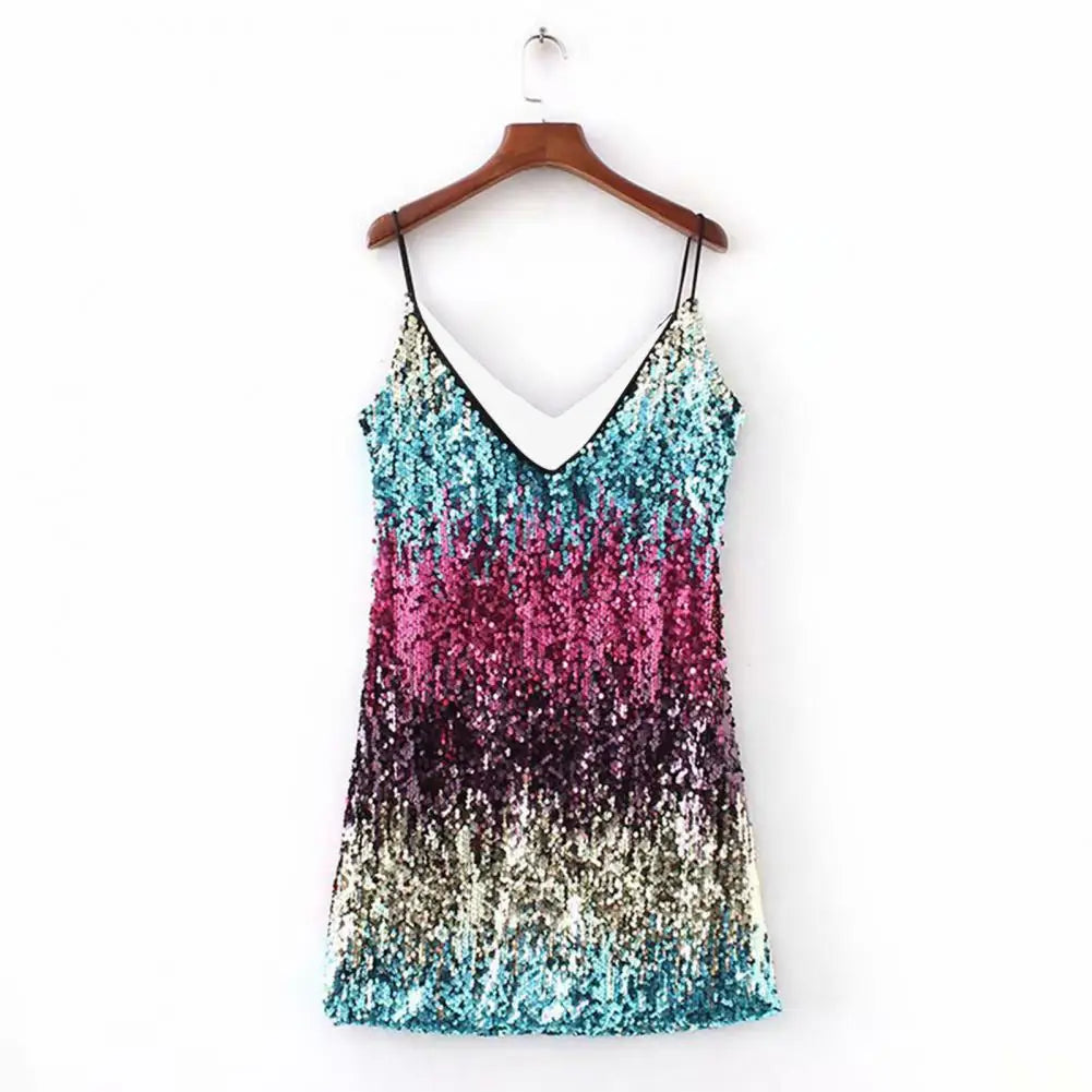 Deep V-Neck Sleeveless Sling Backless Hip Wrap Summer Dress Sexy Women Silver Color Sequins Mini Pencil Dress Club Wear