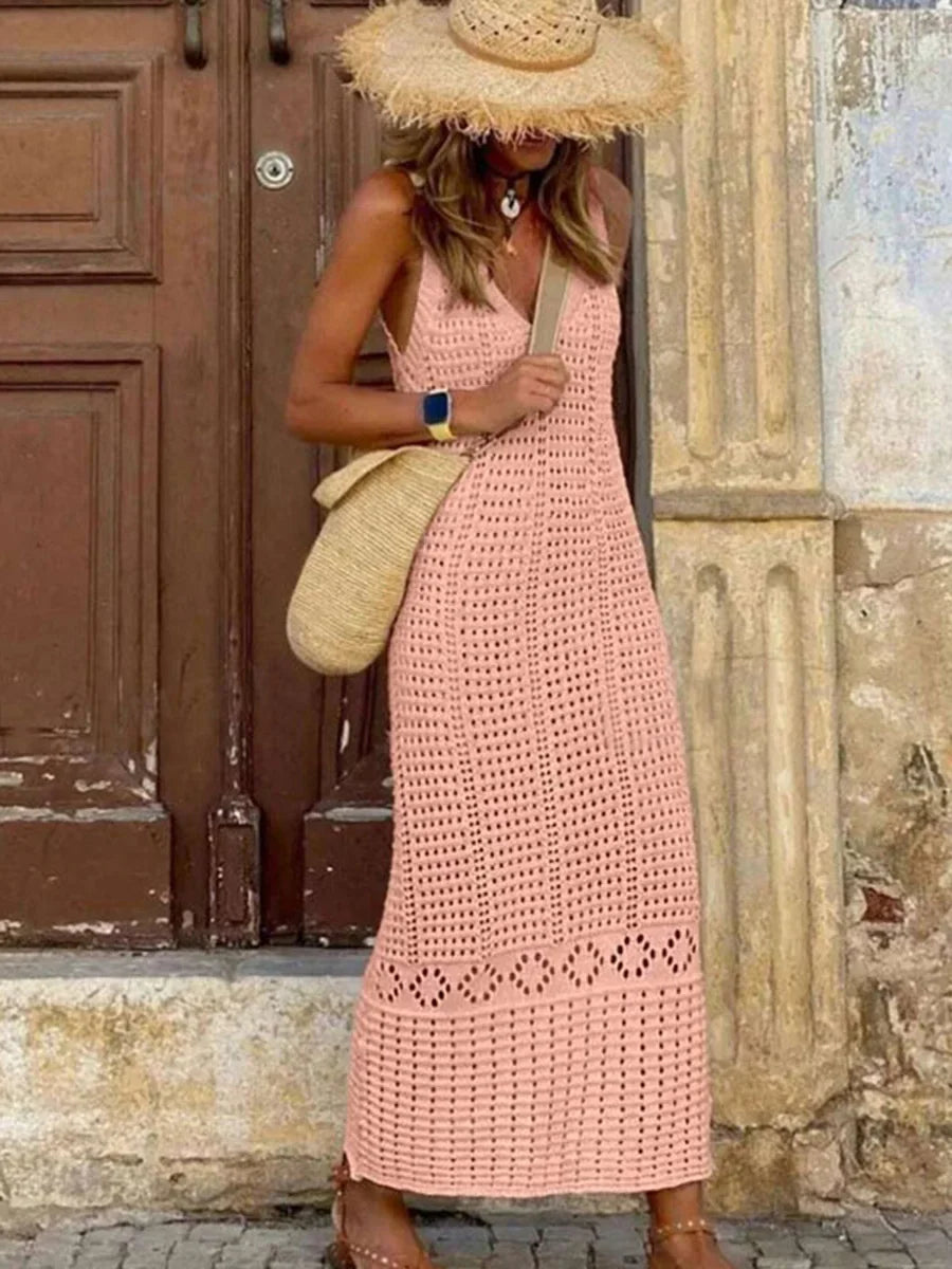 S - XL 2025 V Neck Hollow Out Crochet Knitted Tunic Beach Cover Up Long Cover-ups Beach Dress Beach Wear Beachwear Female Women
