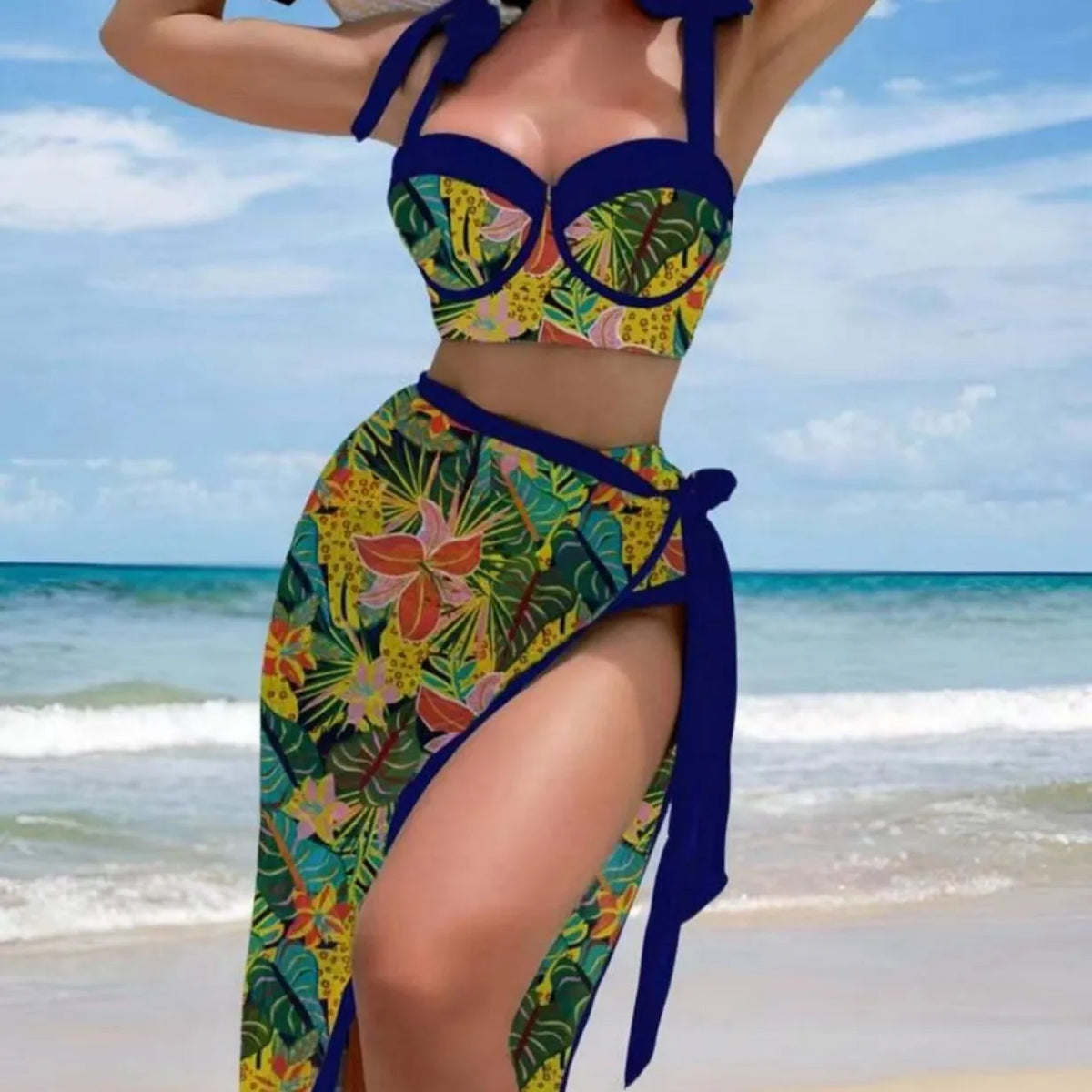 Vintage Black Floral Print Bikini 2026 Women Push Up Underwire Bra High Waist Swimsuit Beach Bathing Suit Skirt 3 Piece Swimwear