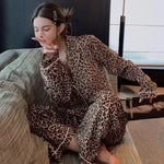 Pajamas for Women Spring Autumn Korean Cardigan Long Sleeved Sexy Leopard Print Home Clothing Set Milk Silk Pajamas for Women
