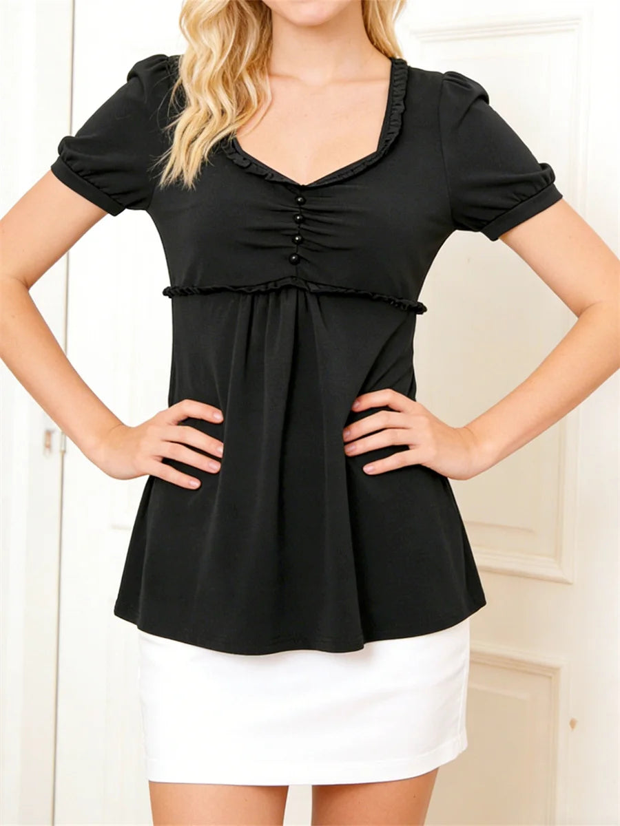 Summer Women´s Y2k T-shirt Short Sleeve V Neck Ruched Babydoll Tops Casual Loose Shirts Retro Clothes