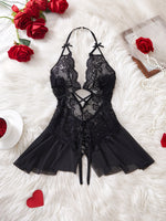 Bodycon Teddy Dress Crotchless Sheer Underwear Set Lace See Through Halter Deep V Sexy Lingerie Sultry Nightwear For Date Night