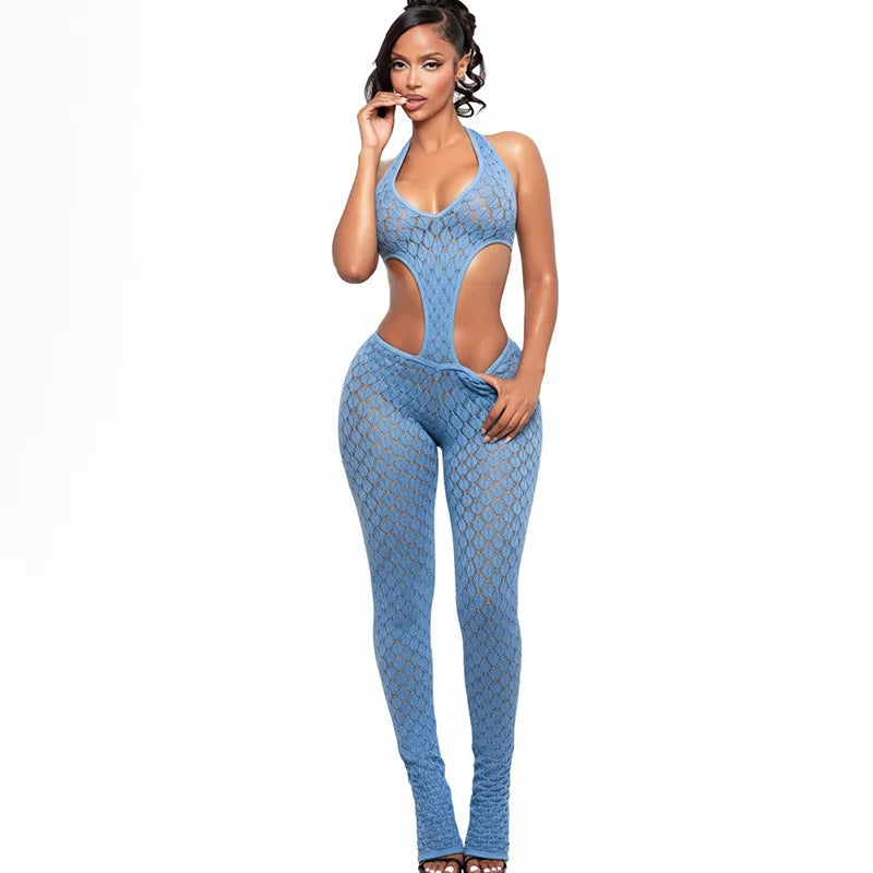 Sexy hot girl solid color see-through slim fit knitted deep V jumpsuit