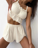 Women Pajamas Summer Fashion Lace Trim Ruffle Hem U-Neck Spaghetti Strap Cable Textured Cami & Casual Home Shorts Set Sleepwear