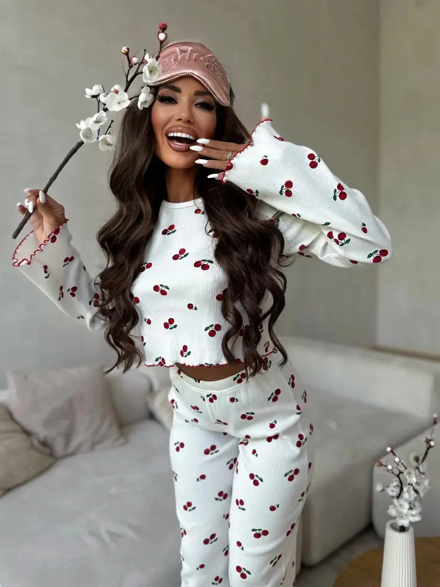 Women's Chic Heart Print Pajama Set 2Pcs Pjs Long-Sleeve Crop Top And Pants Frill Trim Details Cozy Sleepwear Casual Nightwear
