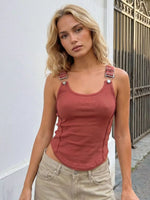 Summer Women's Solid Ribbed Tank Tops Stylish Sleeveless U Neck Camisole with Metal Buckle Straps Gothic Punk Vest