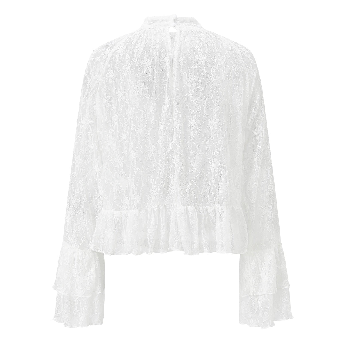 Womens Lace Floral Sheer Blouse Flare Long Sleeve Mock Neck Ruffle Peplum Hem Cropped Shirts Elegant Sexy Cover-ups Tops