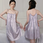 New Fashion Purple Silky Nightgown Women's Floral Print Chemise Spaghetti Strap A-Line Sleepwear Soft Comfortable Nightdress Hot