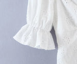 Foridol Ruffles Puff Sleeve White Lace Dress Flower Embriodery Hollow Out Cotton Beach Dress Women Backless Party Mini Dress