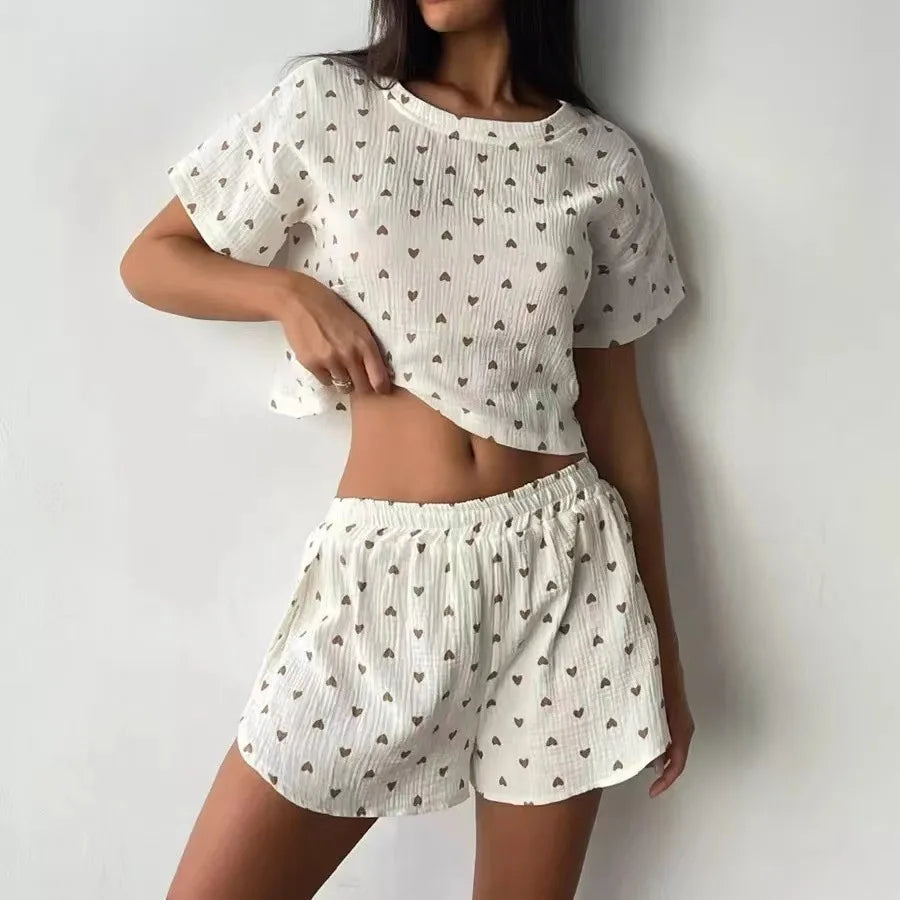 New Women's Home Clothes Pajamas Love Printed Soft and Comfortable Cotton Shorts Casual Loose Open Umbilical T-shirt Hot Selling