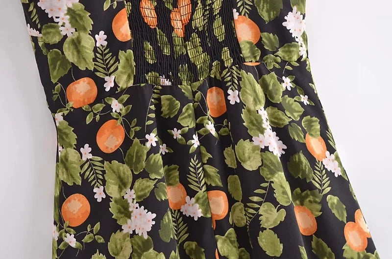 French Style Vintage Lemon Leaf Printed Green Dress Sexy Slip Midi Sleeveless Tank Dress Chiffon Women Holiday Elegant Dress