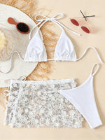 Sexy Shiny Sequin Blue White Bikini Set Women 3D Mesh Flower Cover Up 3 Piece Thong Swimsuit Beach Holiday Bathing Suit Swimwear