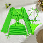 DEKA Women Solid Bikini Set Halter Bra Lace-up Swimsuit Set With Mesh Yarn Cover Up Dress KnittedLong Sleeve Boho Swimwear