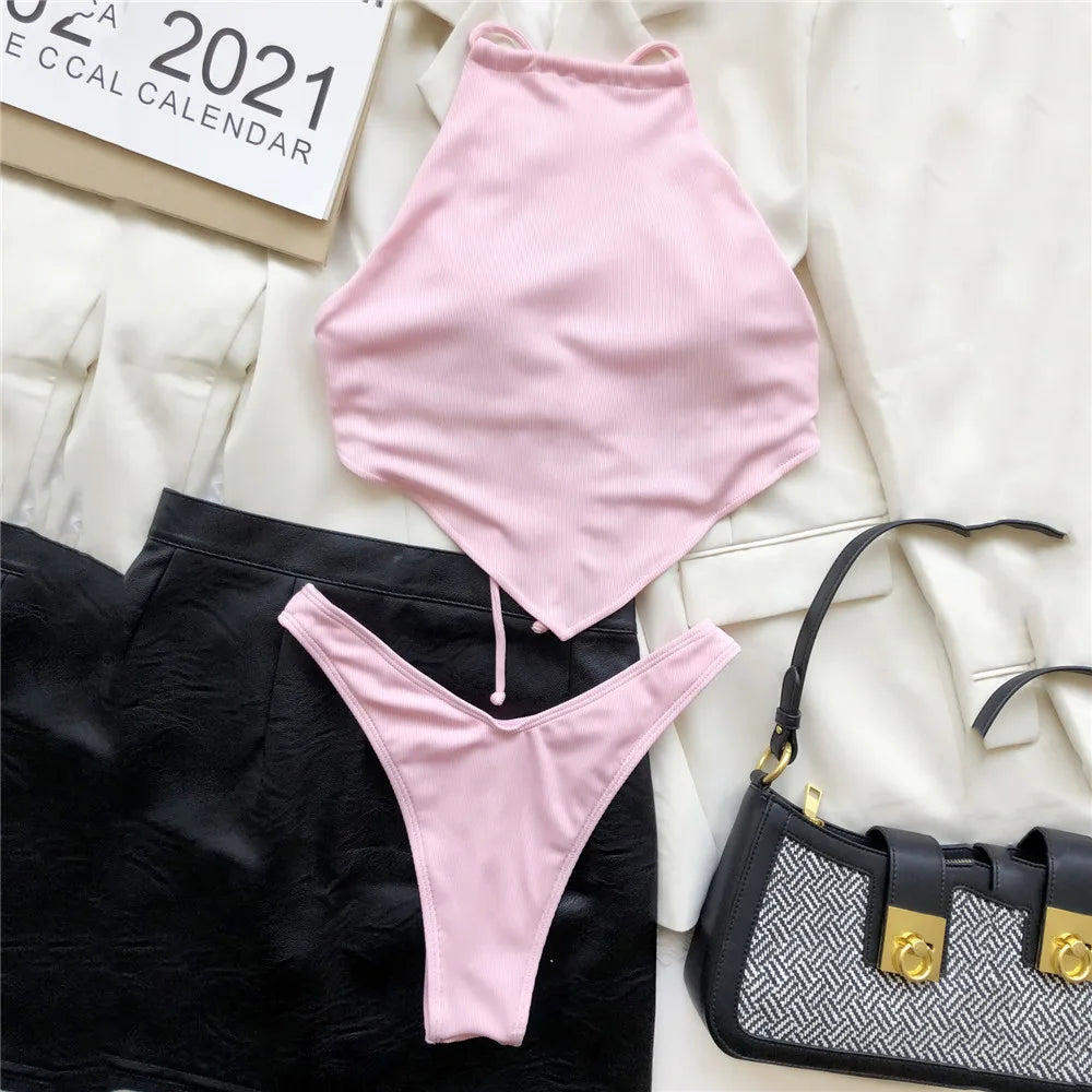 light blue Halter Bandana Bikinis Sets micro Thong sexy Swimsuit Women Swimwear Backless high cut Bathing Suit Bikini 2026 Mujer