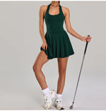 Summer Sleeveless Halter Slim Tennis Dress Women Sexy 2-in-1 Hollow Backless Golf Sports Dresses Outdoor Running Fitness Skirt
