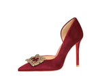 Women 10cm Super High Heels Pointed Toe Side Hollow Work Pumps Metal Crystal Buckle Velvet Stiletto Fashion Banquet Lady Shoes