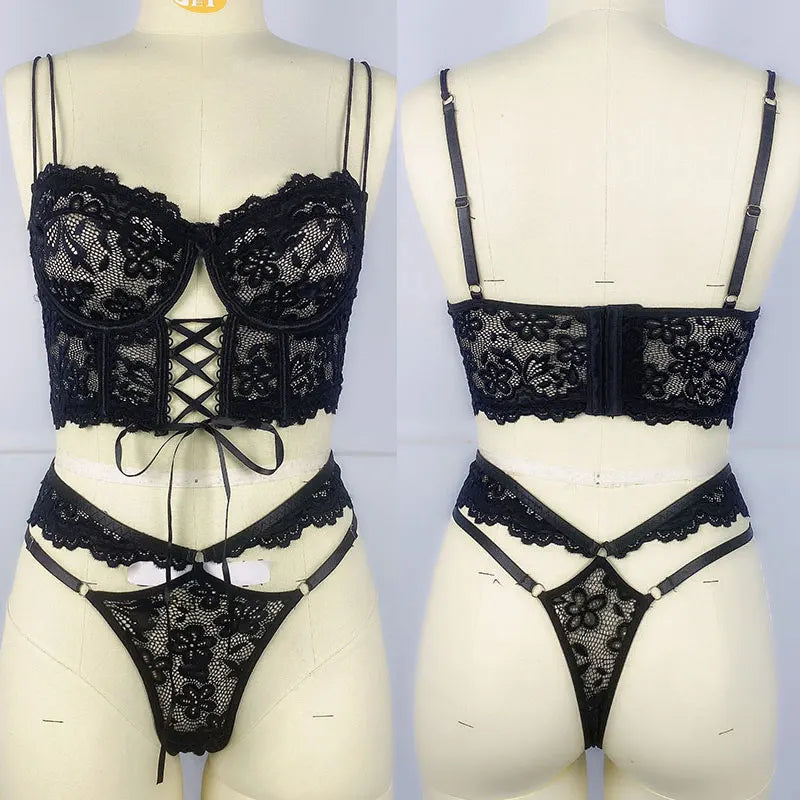 Women Intimates Sexy Bra & Panties Underwear Set Lace Splicing Perspective Sexy Lingerie Erotic 2-Piece Bra + Panty Set