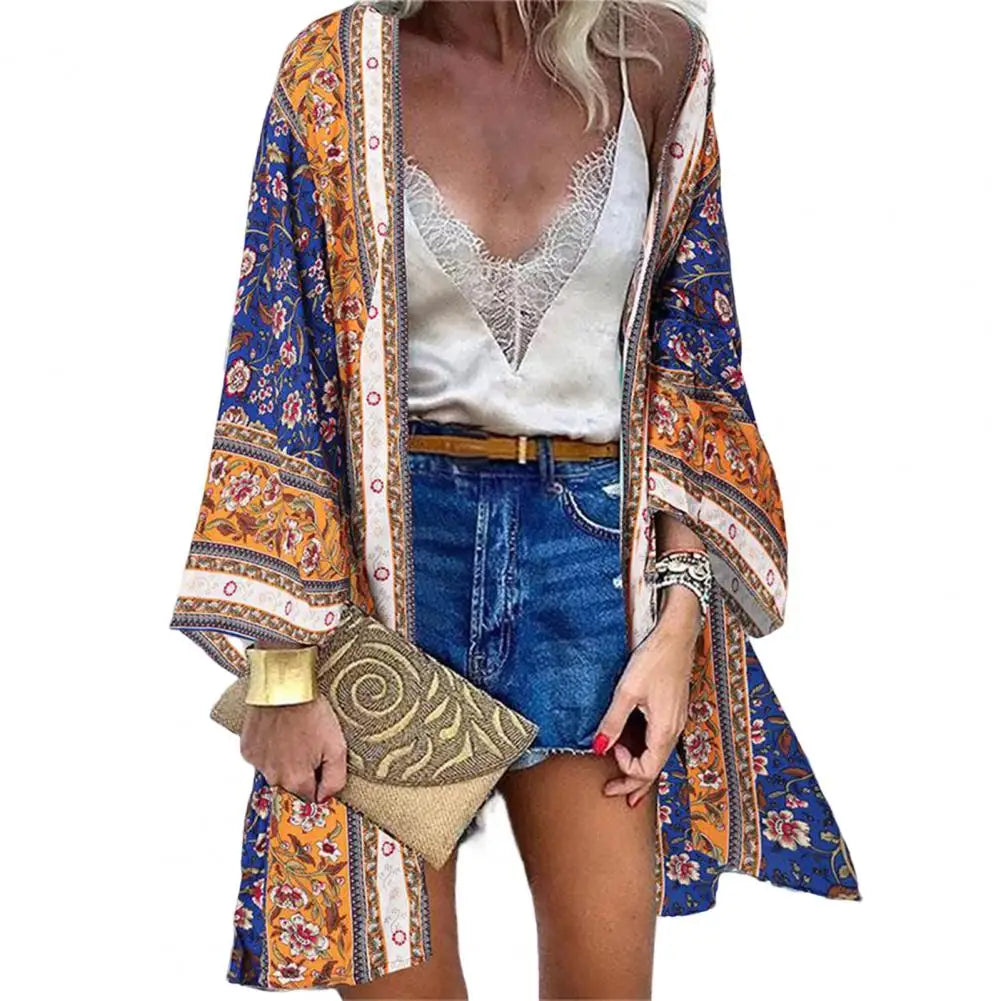 Bohemian Sun Protection Long Blouse Women Cardigan Floral Print Batwing Sleeve Summer Cardigan for Daily Wear