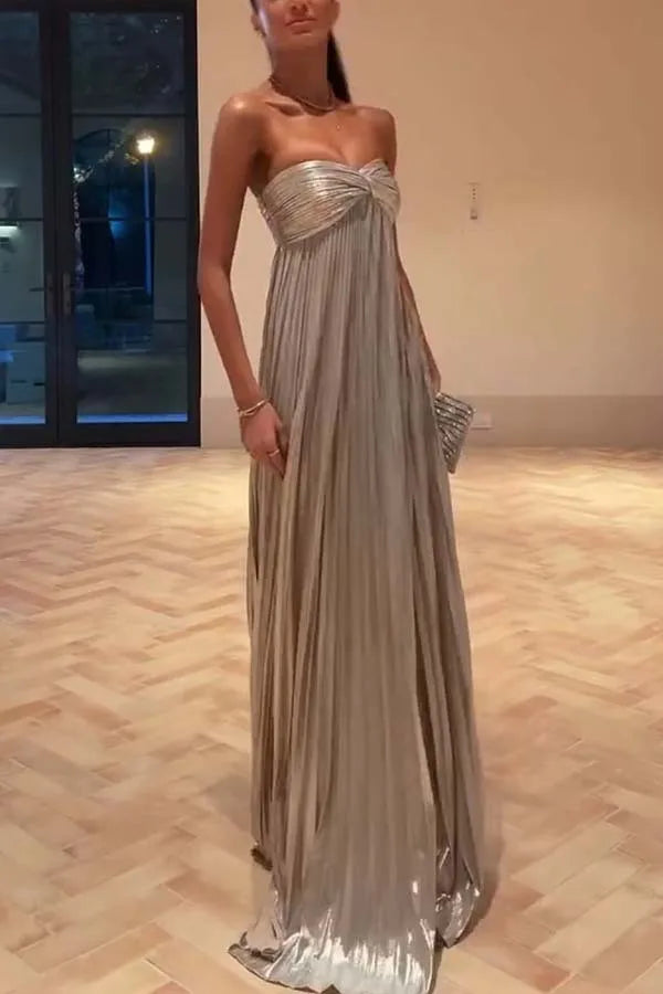 Gold Hot Tube Top Party Dresses Women Solid Color Sexy Hot Girls Fold Banquet Slit Evening Dress Female Streetwear Long Vestidos