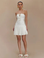 Bowknot Off Shoulder Strapless Party Short Dress for Women 2025 Elegent Lady White Pleated Mini Vestidos Female Backless Dress