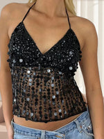 Women's Halter Neck Vest Summer Sleeveless Open Back Slim Fit Tie Up Sequins Tank Tops