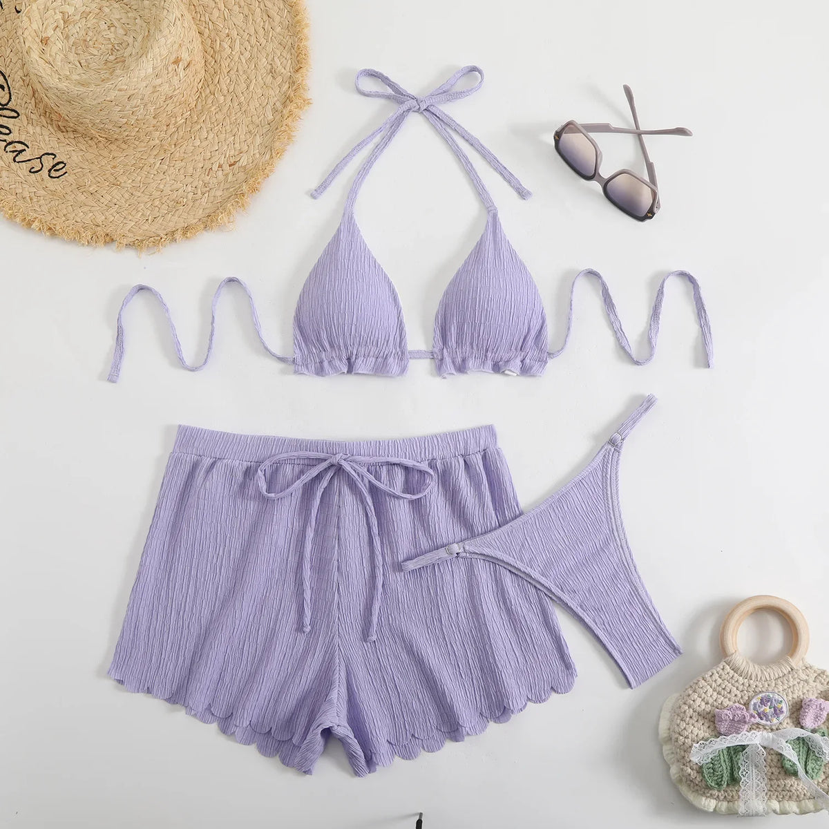 Sexy Purple Thong Bikini with Shorts Women Three Pieces Swimsuit Brazilian Swimwear Female Beachwear Halter Bathing Suit Outfit